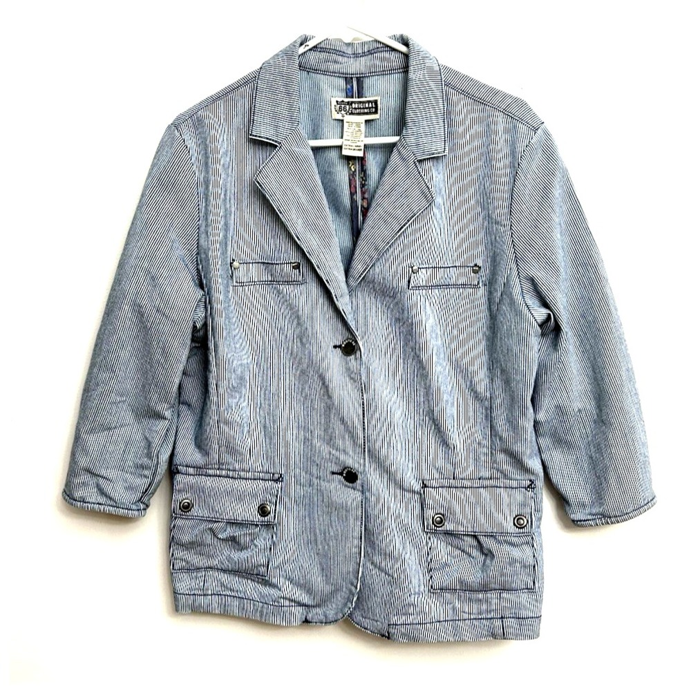 Route 66 Denim Jacket Women's Sz XL Blue Railroad Stripe 3/4 Sleeve Made in USA